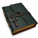 Small Leatherbound Diary with Decorative Key - Vintage Paper - 183 x 135mm - Forest Green
