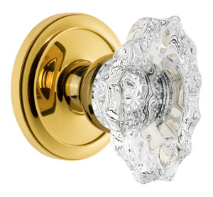 Grandeur Biarritz Clear Crystal Door Knob - Circulaire Rosette - 69mm - Polished Brass