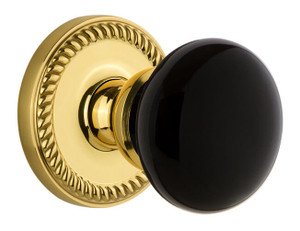 Grandeur Coventry Black Porcelain Door Knob - Georgian Rope Rosette - 67mm - Polished Brass