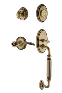 Nostalgic Classic Rosette Entry Door Handleset - Swan Lever - F Grip - Antique Brass