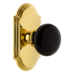 Grandeur Coventry Black Porcelain Door Knob - Arc Short Plate - 121 x 64mm - Polished Brass