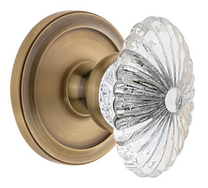 Grandeur Burgundy Clear Crystal Door Knob - Circulaire Rosette - 69mm - Vintage Brass