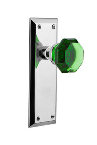 Nostalgic Green Waldorf Crystal Door Knob - New York Plate - 178 x 57mm - Bright Chrome