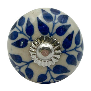 Character House Blue Leaf Ivory Round Ceramic Cupboard Knob - 38mm - Chrome