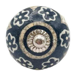 Character House Black Floral Marble Round Ceramic Cupboard Knob - 44mm - Chrome