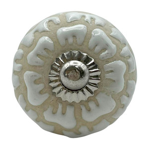 Character House White Floral Beige Round Ceramic Cupboard Knob - 37mm - Chrome