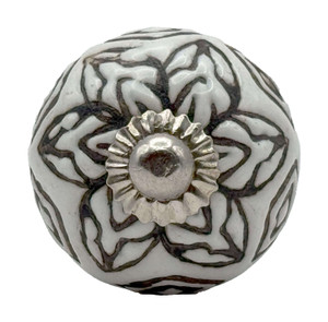 Character House Brown Lotus White Round Ceramic Cupboard Knob - 35mm - Chrome
