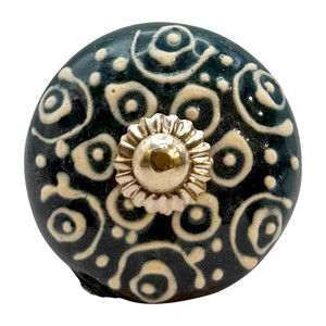 Character House Ivory Dot Spiral Emerald Round Ceramic Cupboard Knob - 44mm - Chrome
