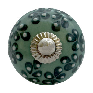 Character House Green Leaf Sprig Round Ceramic Cupboard Knob - 40mm - Chrome