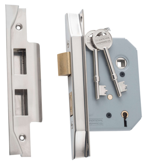 Tradco Rebated Skeleton Key Mortice Lock - 5 Lever - 57mm Backset - Satin Nickel