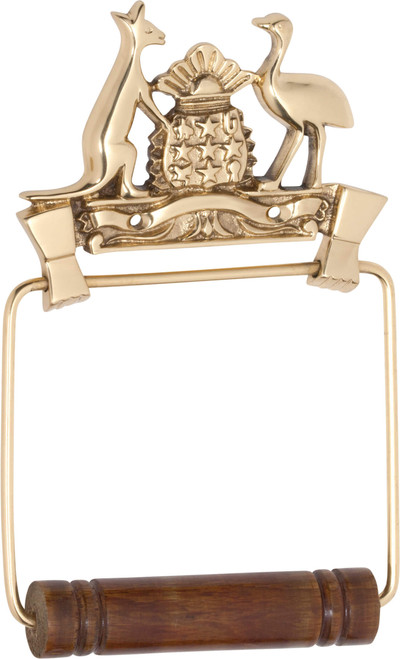 Coat of Arms Toilet Roll Holder - 120mm - Polished Brass & Timber