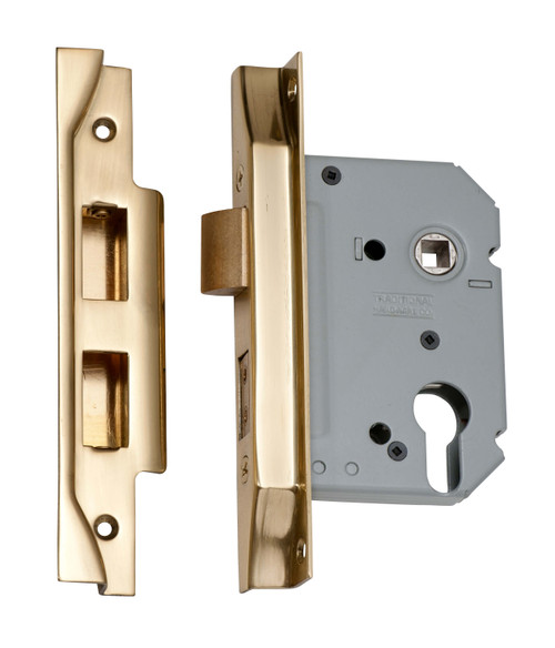 Tradco Rebated Euro Mortice Lock - 57mm Backset - Polished Brass