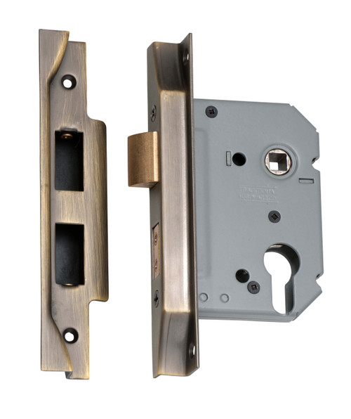 Tradco Rebated Euro Mortice Lock - 57mm Backset - Antique Brass