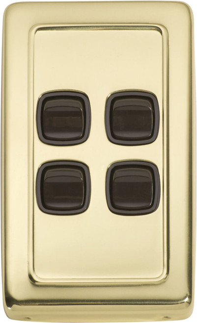 Tradco 4 Gang Brown Rocker Light Switch - 115 x 72mm - Polished Brass