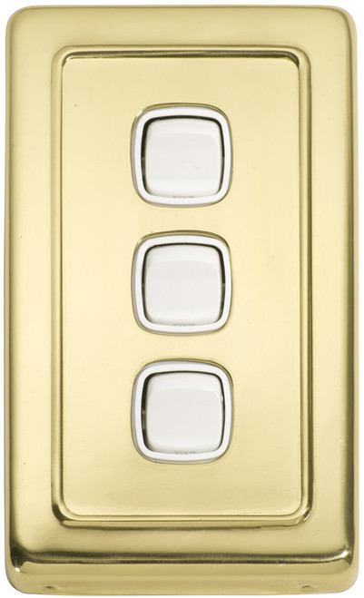 Tradco 3 Gang White Rocker Light Switch - 115 x 72mm - Polished Brass