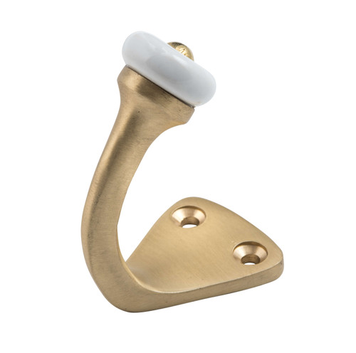 Tradco Victorian Robe Hook with White Porcelain Tip - 45 x 70mm - Satin Brass