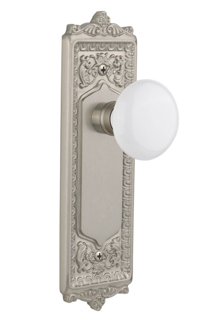 Nostalgic Heritage White Porcelain Door Knob - Egg & Dart Plate - 222 x 67mm - Satin Nickel