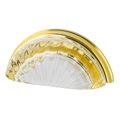Nostalgic Vintage Fluted Clear Crystal Cup Pull Handle - 76mm CTC - Polished Brass