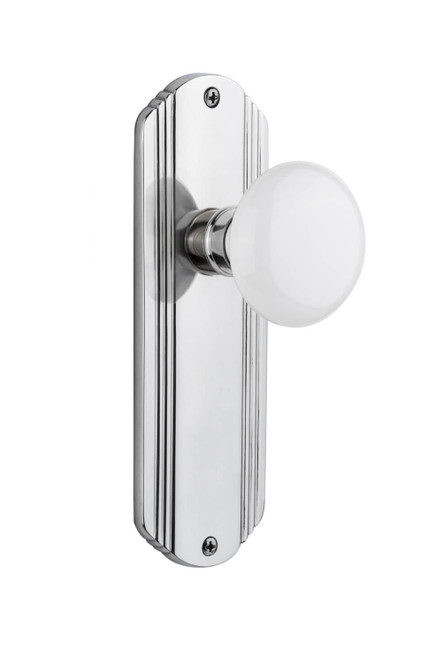 Nostalgic White Porcelain Door Knob - Art Deco Plate - 178 x 61mm - Bright Chrome