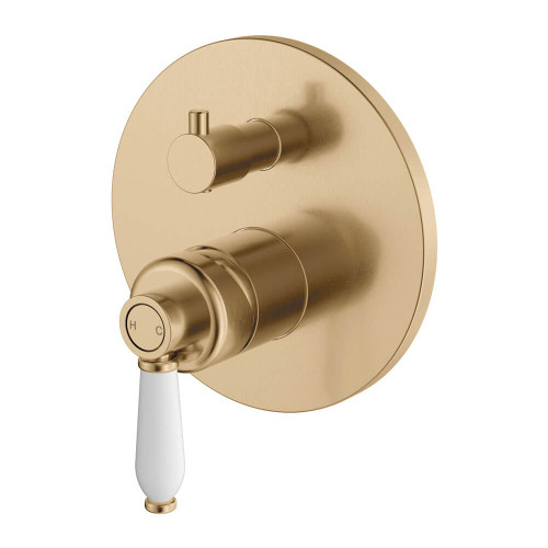 Fienza Modern Vintage Eleanor Wall Mixer & Diverter - White Porcelain Lever - Urban Brass