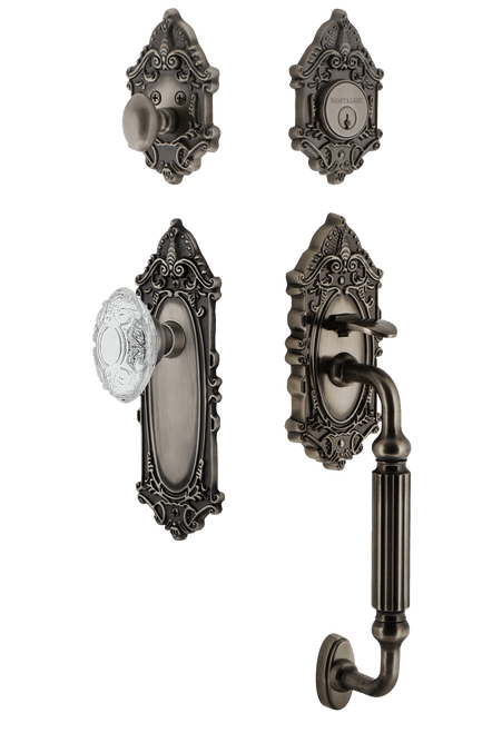 Nostalgic Neo Classical Crystal Victorian Entry Door Handleset - F Grip - Antique Pewter