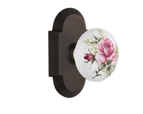 Nostalgic Floral White Rose Porcelain Door Knob - Cottage Plate - 102 x 64mm - Oil-Rubbed Bnz