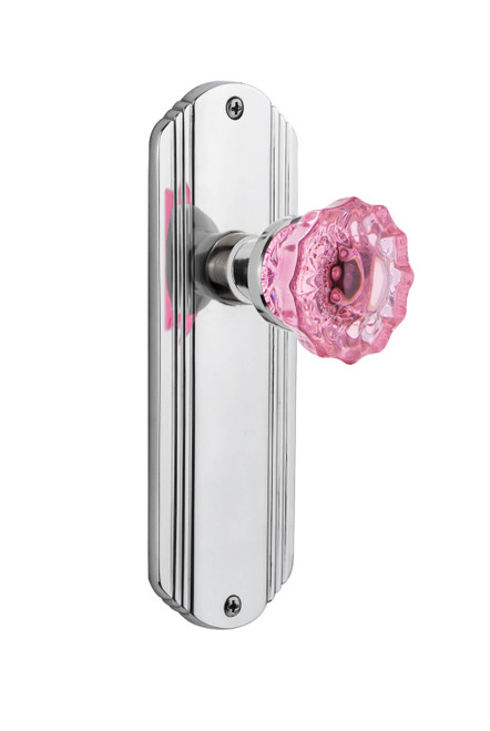 Nostalgic Pink Crystal Door Knob - Art Deco Plate - 178 x 61mm - Bright Chrome