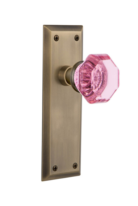 Nostalgic Pink Waldorf Crystal Door Knob - New York Plate - 178 x 57mm - Antique Brass