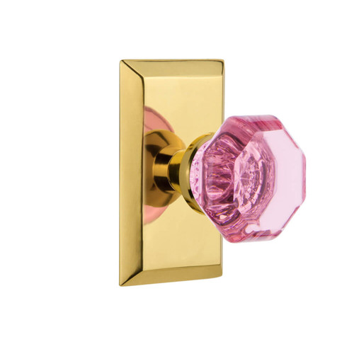 Nostalgic Pink Waldorf Crystal Door Knob - Studio Plate - 102 x 64mm - Polished Brass