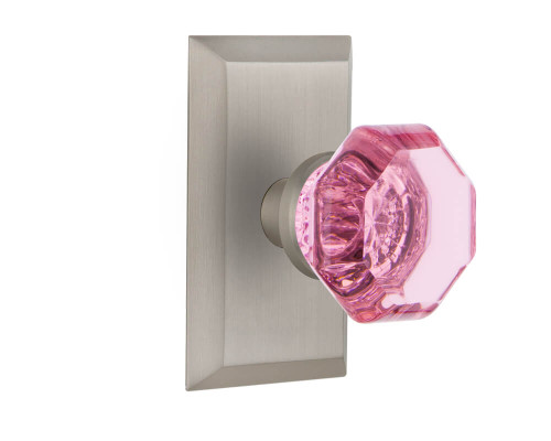 Nostalgic Pink Waldorf Crystal Door Knob - Studio Plate - 102 x 64mm - Satin Nickel