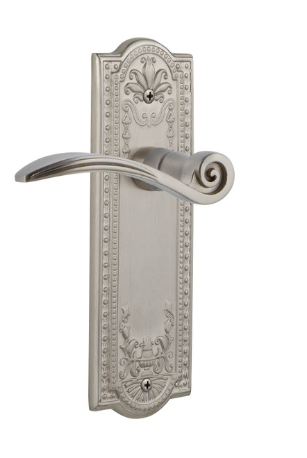 Nostalgic Ornate Swan Lever Door Handle - Meadows Plate - 200 x 66mm - Satin Nickel