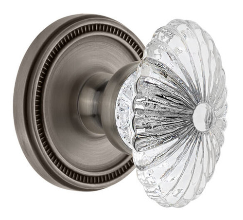 Grandeur Burgundy Clear Crystal Door Knob - Soleil Rosette - 69mm - Antique Pewter