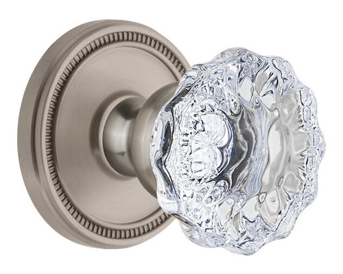Grandeur Fontainebleau Clear Crystal Door Knob - Soleil Rosette - 69mm - Satin Nickel