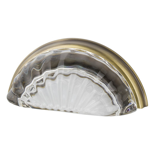 Nostalgic Vintage Fluted Clear Crystal Cup Pull Handle - 76mm CTC - Antique Brass