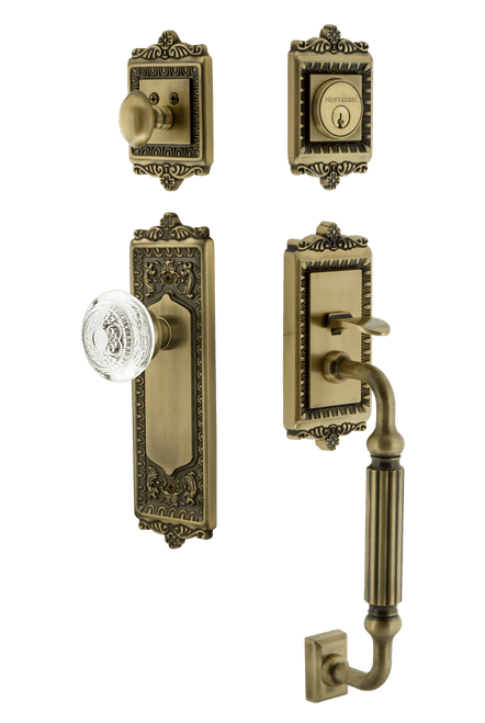 Nostalgic Ornate Crystal Egg & Dart Entry Door Handleset - F Grip - Antique Brass