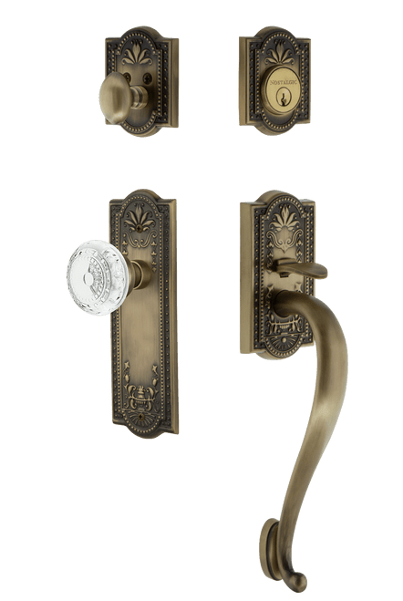 Nostalgic Art Nouveau Crystal Meadows Entry Door Handleset - S Grip - Antique Brass