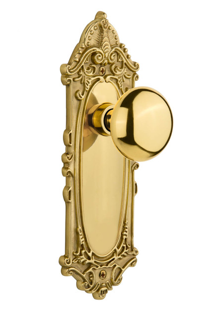 Nostalgic Round New York Door Knob - Victorian Plate - 210 x 73mm - Polished Brass