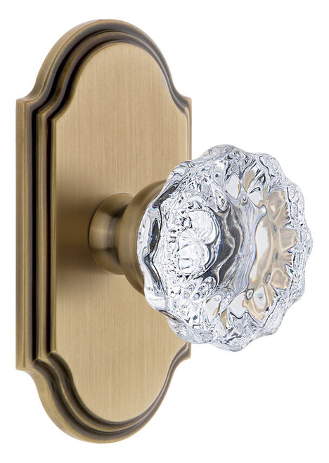 Grandeur Fontainebleau Clear Crystal Door Knob - Arc Short Plate - 121 x 64mm - Vintage Brass