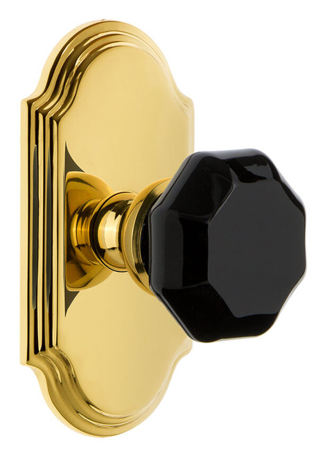 Grandeur Lyon Black Crystal Door Knob - Arc Short Plate - 121 x 64mm - Polished Brass