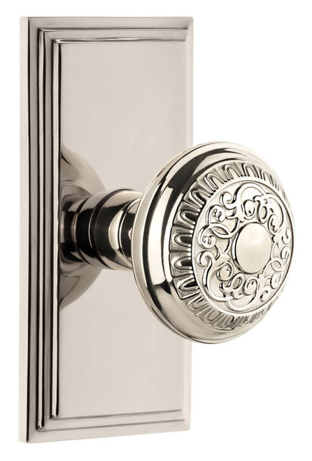 Grandeur Windsor Door Knob - Carre Short Plate - 121 x 64mm - Polished Nickel