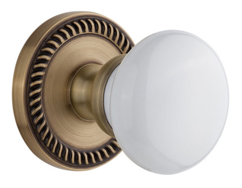 Grandeur Hyde Park White Porcelain Door Knob - Georgian Rope Rosette - 67mm - Vintage Brass