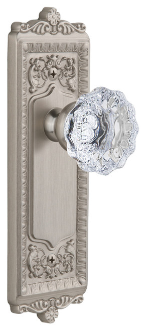 Grandeur Fontainebleau Clear Crystal Door Knob - Windsor Plate - 220 x 67mm - Satin Nickel