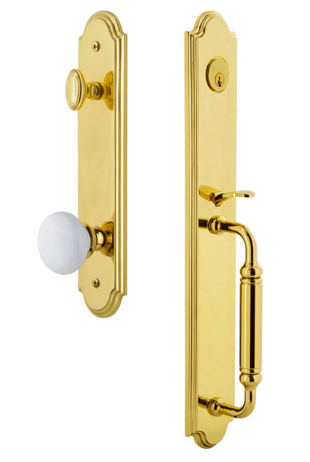 Grandeur Arc Tall Entry Door Handleset - Hyde Park White Porcelain Knob - Lifetime Brass