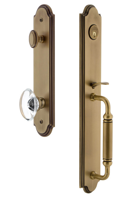 Grandeur Arc Tall Entry Door Handleset - Provence Clear Crystal Knob - Vintage Brass