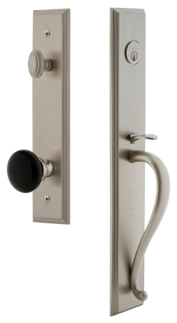 Grandeur Carre Tall Entry Door Handleset - Coventry Black Porcelain Knob - Satin Nickel