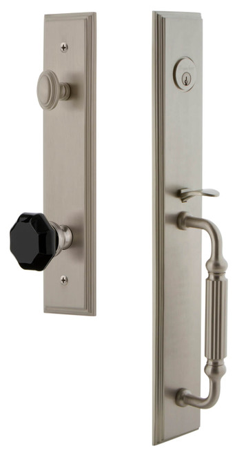 Grandeur Carre Tall Entry Door Handleset - Lyon Black Crystal Knob - Satin Nickel