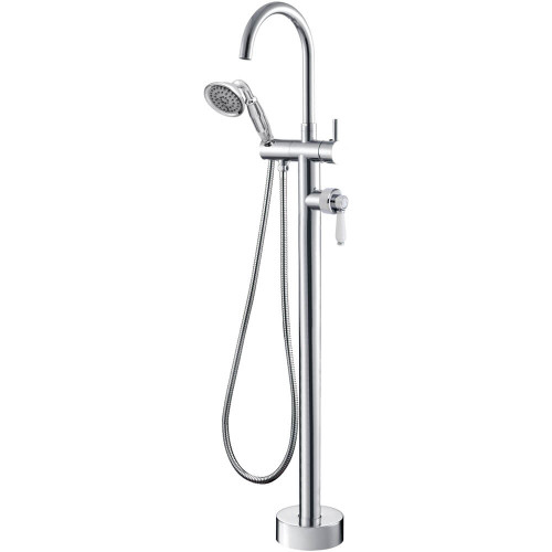 Fienza Modern Vintage Eleanor Floor Bath Tap w/ Hand Shower - White Lever - Swivel Spout - Chrome