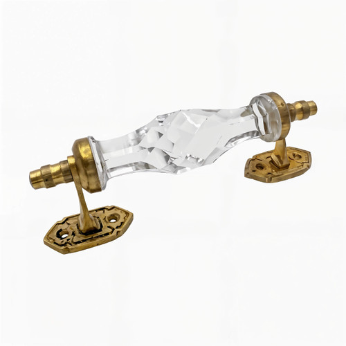 Ornate Clear Cut Glass Pull Handle - 140mm - Polished Brass