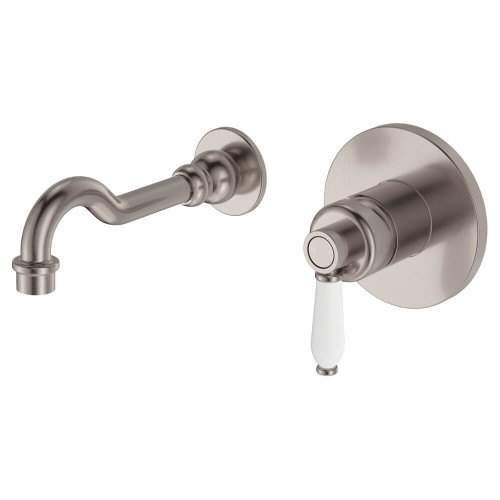 Fienza Modern Vintage Eleanor Wall Mounted Bath or Basin Mixer Tap - White Porcelain Lever Handles - Brushed Nickel