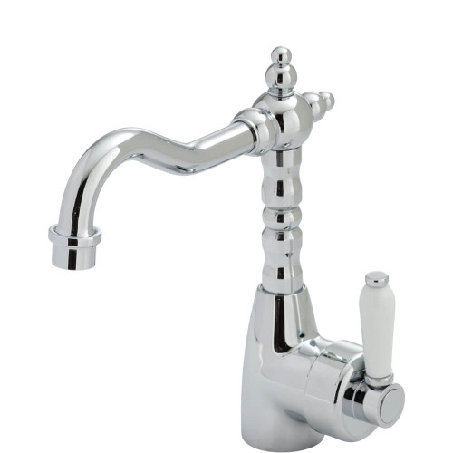 Fienza Modern Vintage Eleanor Basin Mixer Tap - White Porcelain Lever - Swivel Spout - Chrome